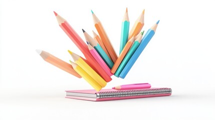 Fototapeta premium Floating 3D school tools, including sharpened colored pencils, a sketchpad, and a ruler, isolated on a white background