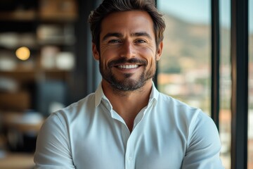 Fototapeta premium Handsome man smiles confidently in modern workspace with city view during daytime, showcasing elegance and professionalism while engaging with his surroundings