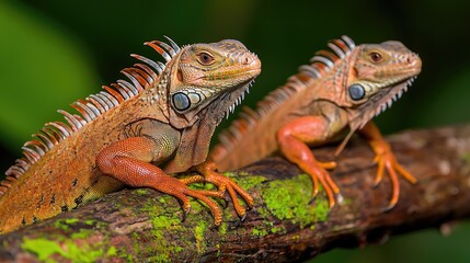 Obraz premium Two Iguanas on a Branch in a Jungle