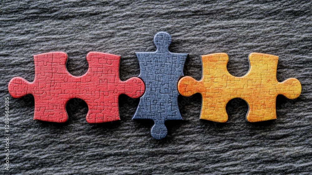 Poster colorful puzzle pieces arranged on a textured surface, symbolizing problem-solving and creativity
