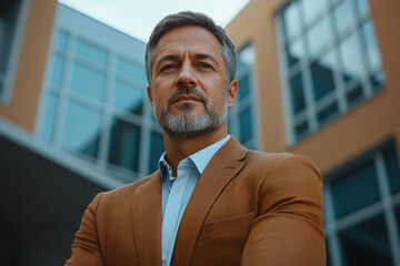 Naklejka premium Confident businessman posing outside a modern office building during the late afternoon