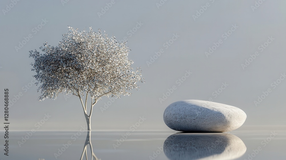 Poster minimalist scene with tree and stone on calm reflective surface