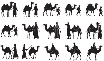 Silhouette of an Arabic man wearing traditional attire, walking with a camel. The man holds the reins while the camel carries light gear, isolated on a plain background.