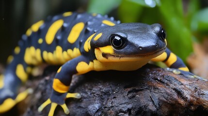 Fototapeta premium Close-Up of a Yellow and Black Salamander on a Dark Wood Branch