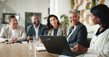Business people, financial audit and presentation with laptop, budget and advisor for customer...