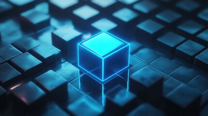 Neon Blue Glowing Cube Surrounded by Metallic Blocks on Dark Background