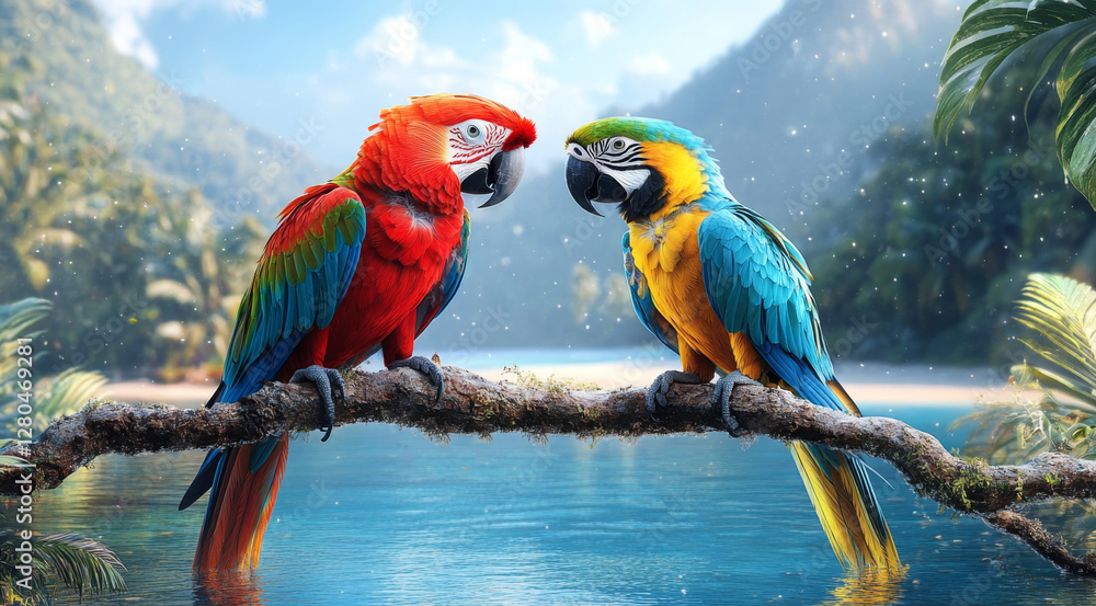 Poster two vibrant macaws sit on a branch overlooking a tranquil blue ocean in a tropical paradise. lush gr
