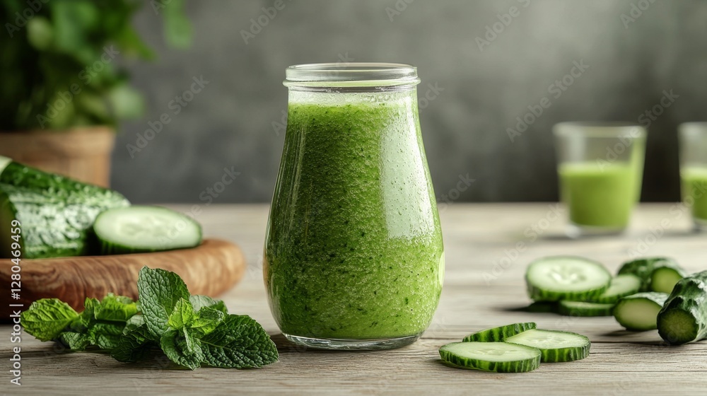 Poster fresh green smoothie in minimalist 3d render with cucumber and mint