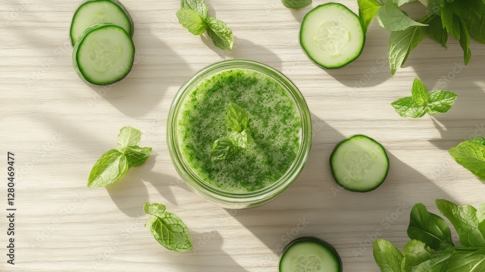 Poster fresh green smoothie in minimalist 3d render with cucumber and mint