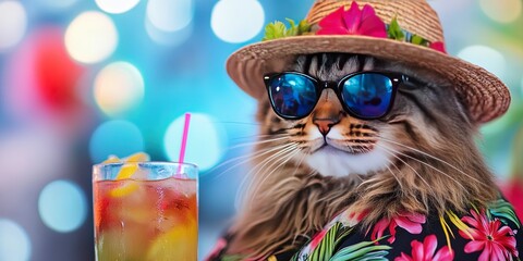 cat wearing hat and sunglasses, hawaiian shirt, tropical cocktail, summer vacation, beach,