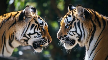 Obraz premium Two Tigers Facing Each Other Close Up Portrait