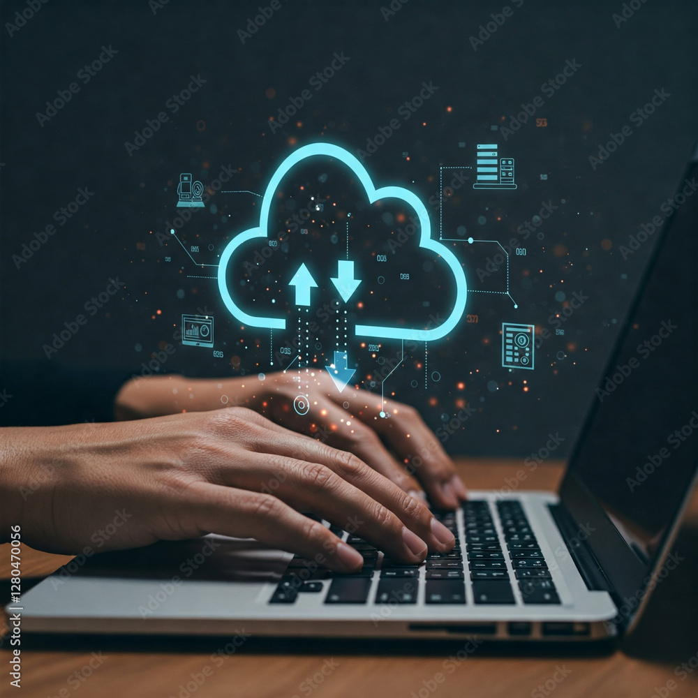 Poster a person working on a laptop with a cloud computing symbol above, symbolizing data transfer and digi