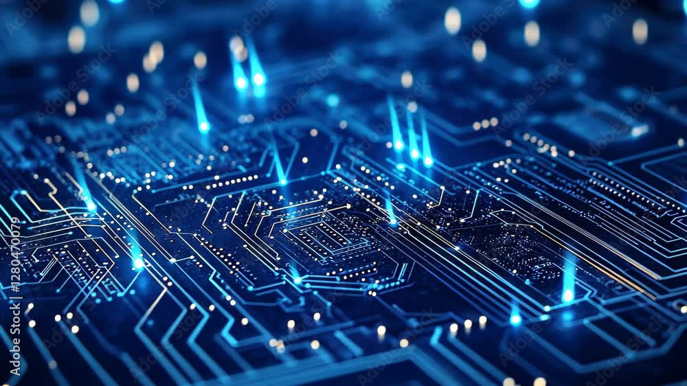 Poster exploration of blue digital circuit board technology with intricate patterns and illumination, blue 