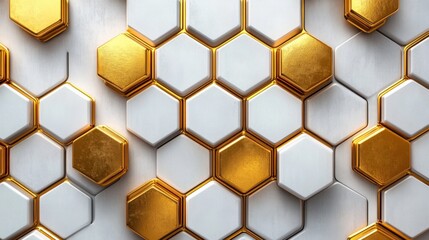 Elegant futuristic tech vector: Gold hexagonal patterns on white, abstract design