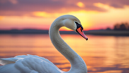 Fototapeta premium A serene and majestic swan, its snow-white feathers glistening with subtle shades of cream, stands poised on the tranquil surface of a lake at sunset, created by generative ai