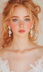 A portrait of an elegant woman with curly blonde hair, wearing delicate earrings and a white dress adorned with feathers. Generative AI