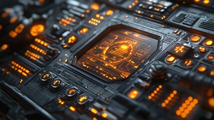 Fototapeta premium Close-up of futuristic technology control panel with glowing orange interface.
