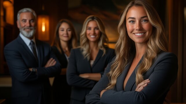 Portrait of business people standing with folded arms and smiling at the camera. They are dressed in business suits and exude confidence.