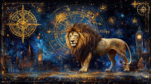 Majestic lion stands before a cosmic backdrop with astrological elements