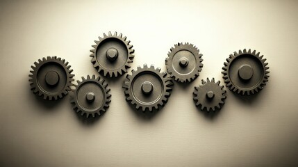 Close-up of interlocking gears arranged artistically on a neutral background, symbolizing mechanics