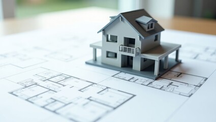 Architectural model house on blueprint: Planning the dream home design
