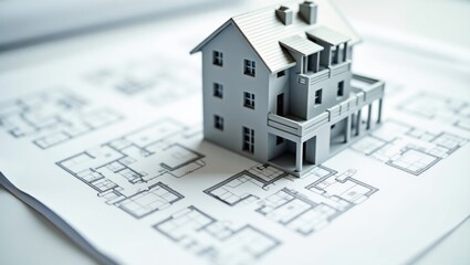 House Model on Blueprint: Conceptual Architecture and Design Visualization