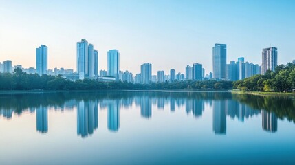 A panoramic city skyline with a calm lake reflecting the modern architecture.