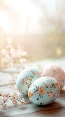 Easter eggs are placed on a wooden surface, accompanied by blooming branches. With space for writing, vertical. Title