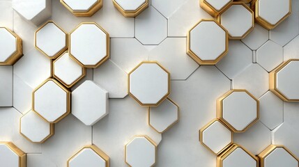 Elegant futuristic tech vector: Gold hexagonal patterns on white, abstract design