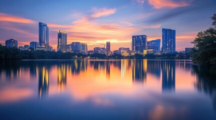 Fototapeta premium A panoramic city skyline with a calm lake reflecting the modern architecture.