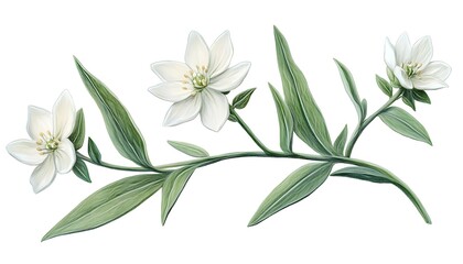 Obraz premium Delicate white flowers on branch, botanical illustration