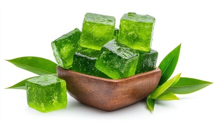 Professional image of Thai pandan jelly (woon bai toey) with a seamless white background, perfect for branding, packaging, and advertising--refreshing and vibrant with an isolate white background