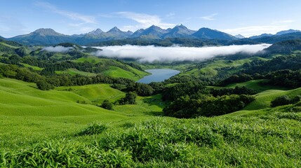 Mountain lake valley sunrise, scenic vista, travel poster
