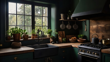 Green Modern Kitchen with Wooden Accents and Window Sheltered Plants

