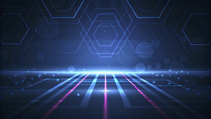 Obraz premium Futuristic Digital Landscape with Neon Grid and Geometric Patterns