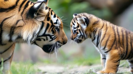 Obraz premium Closeup of a Tiger and Her Cub in a Lush Green Setting