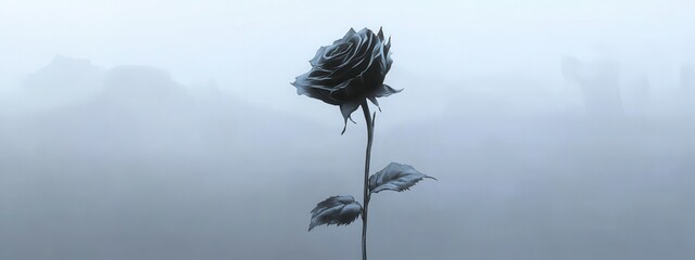 Elegant Black Rose in Misty Background with Soft Gray Tones