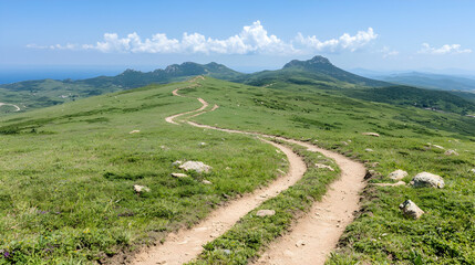 Fototapeta premium Winding mountain road, coastal view, summer day, scenic landscape, travel photography