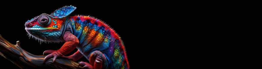 Naklejka premium Close-up of a colorful Panther Chameleon (Madagascar chameleons or Furcifer Pardalis) on a tree branch, isolated on a black background with copy space. Generative Ai.