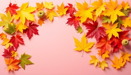 Fototapeta premium Autumn leaves, vibrant colors, maple leaves, yellow, red, green, orange foliage, pink background