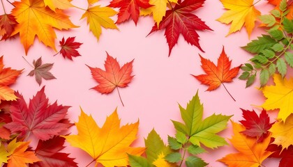 Autumn leaves, vibrant colors, maple leaves, yellow, red, green, orange foliage, pink background