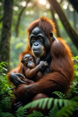 Fototapeta premium The orangutan is a large, intelligent ape native to the rainforests of Southeast Asia, particularly found in Borneo and Sumatra. Known for their reddish-brown fur and long, strong arms, orangutans 