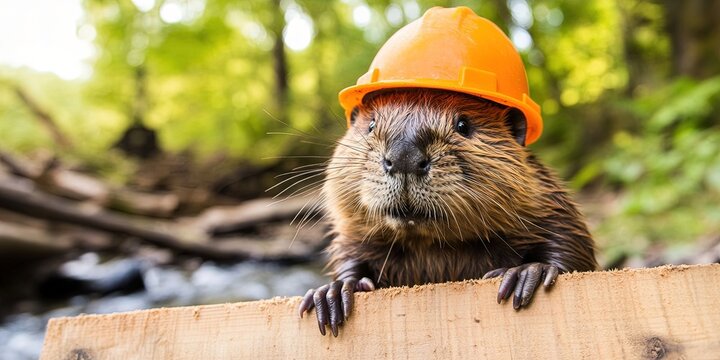 beaver wearing construction hat, building hoover dam in river