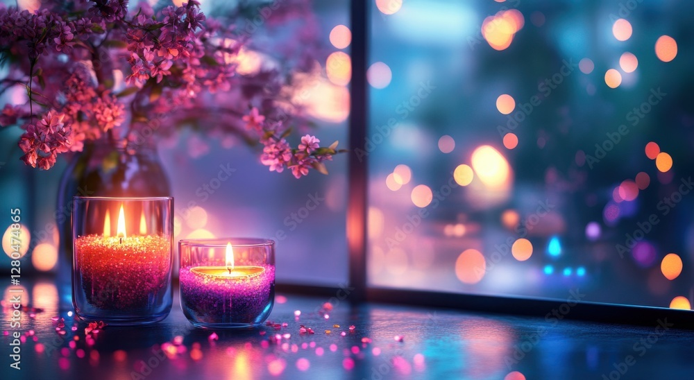 Poster tranquil evening scene with soft candlelight, cherry blossoms, and colorful bokeh background creatin