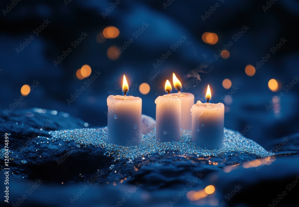 Poster tranquil evening setting with flickering candles on wet rocks surrounded by soft bokeh lights and a 