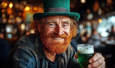 Smiling man in green hat with beer at pub