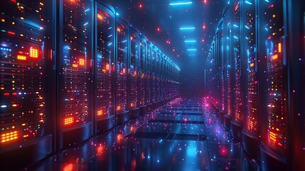 Obraz premium Server Room with Neon Lights and Data Flow