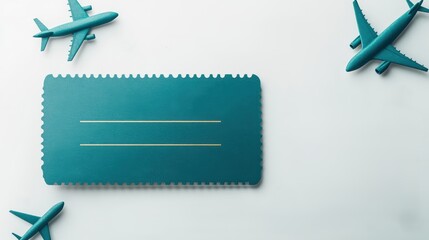 Creative graphic of a boarding pass surrounded by aircraft models on a plain background