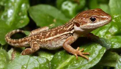 Fototapeta premium Lizard on leaves, close-up, nature