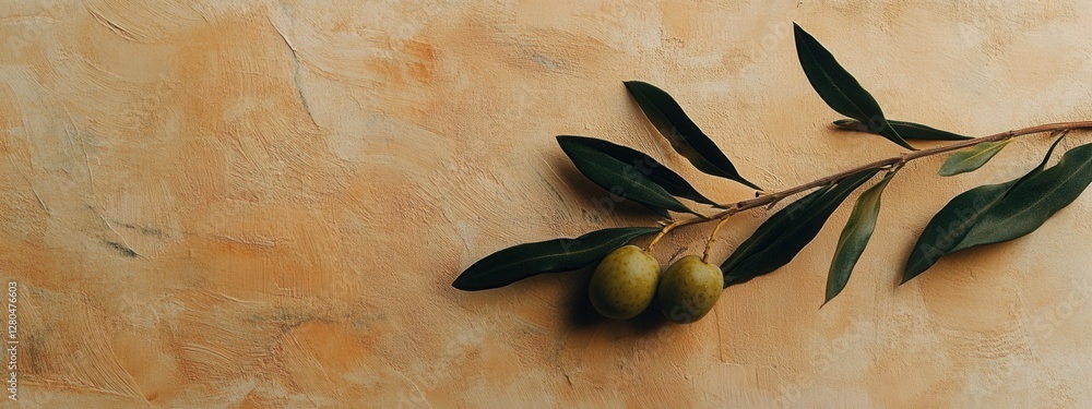 Poster fresh olive branch on textured background with soft colors